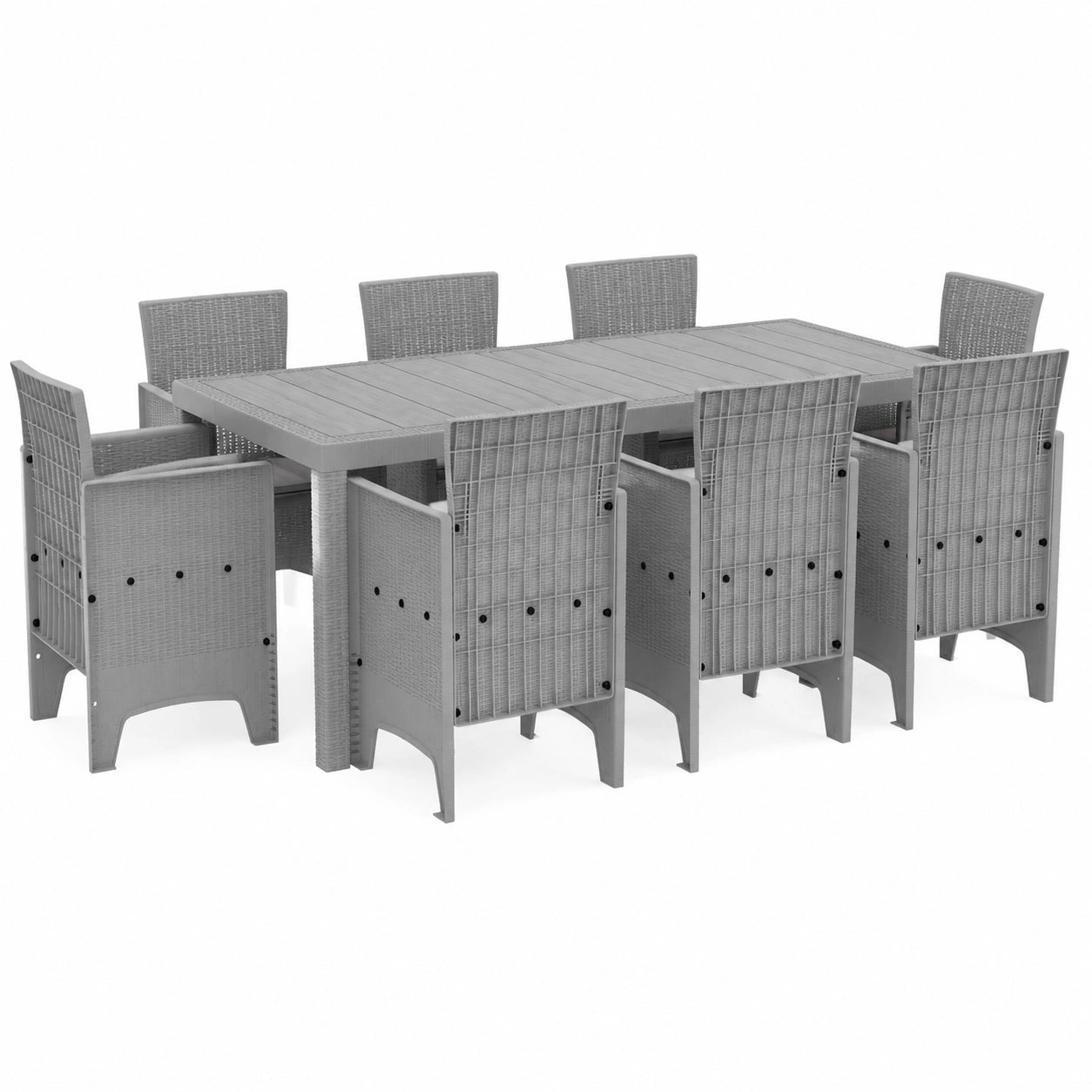 Moderner 9-teiliger Outdoor Esstisch mit 8 Stühlen, Polypropylen Rattan, Grau