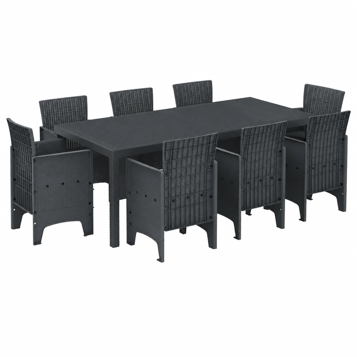 9-teilige Garten-Essgruppe in Anthrazit, Polypropylen, stilvolles Poly-Rattan Design, robustes Möbelset mit 8 Stühlen und rechteckigem Tisch für Balkon und Terrasse