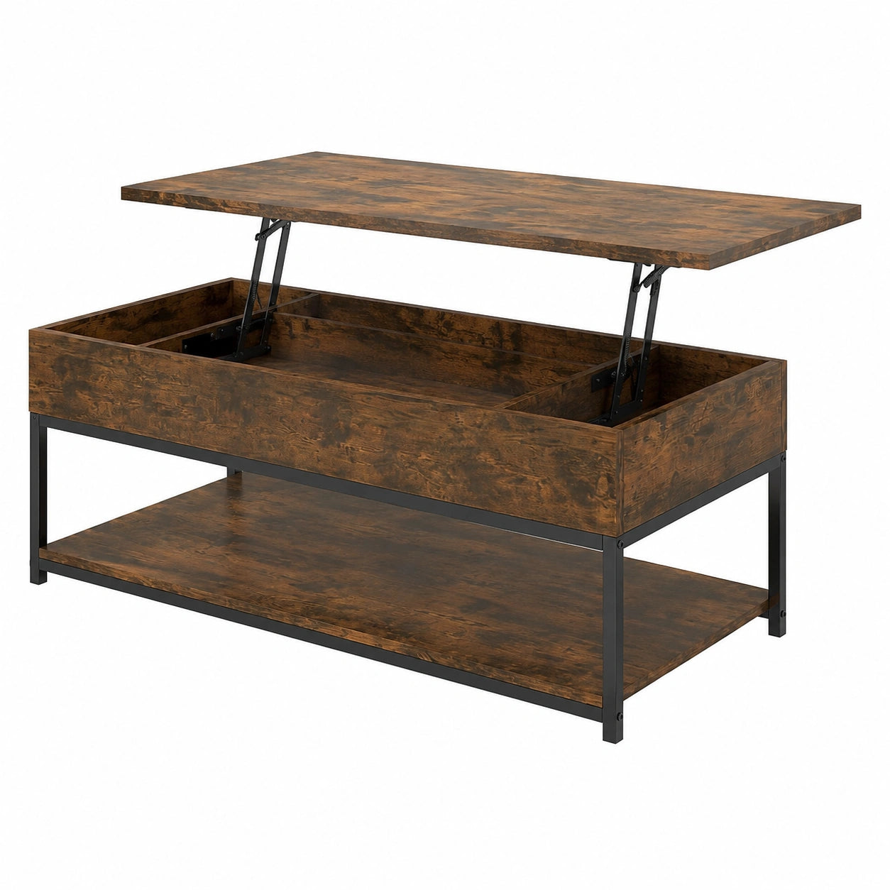 Manora Moderner Hebecouchtisch mit Stauraum, 2-stufiger Wohnzimmertisch im Industrial-Stil, Verstellbares Regal, Braun