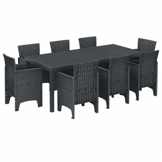 9-teilige Garten-Essgruppe in Anthrazit, Polypropylen, stilvolles Poly-Rattan Design, robustes Möbelset mit 8 Stühlen und rechteckigem Tisch für Balkon und Terrasse