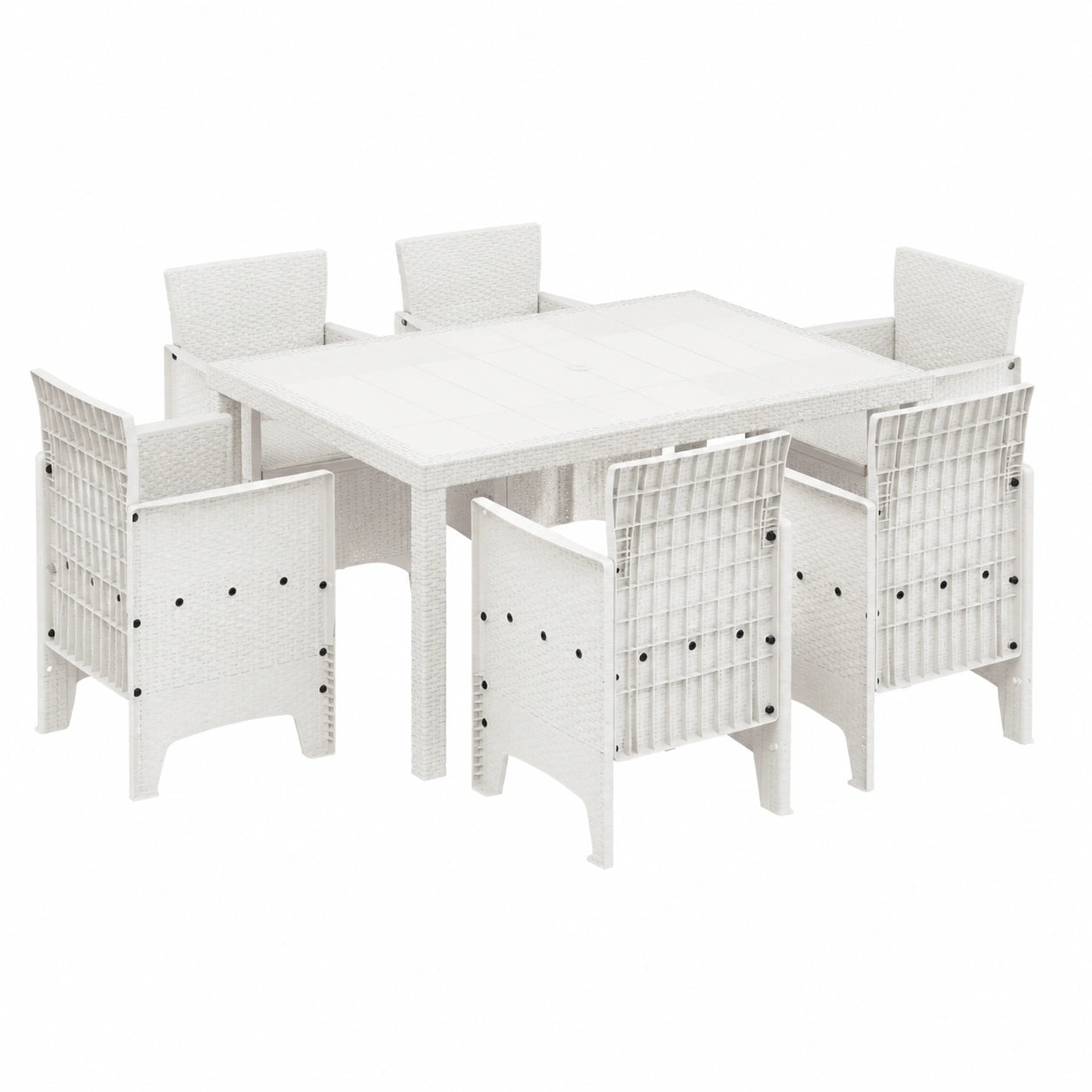 7-teilige Garten-Essgruppe aus weißem Polyrattan mit UV-Schutz, inklusive Rechtecktisch und 6 Stühlen, ideal für Terrasse und Balkon