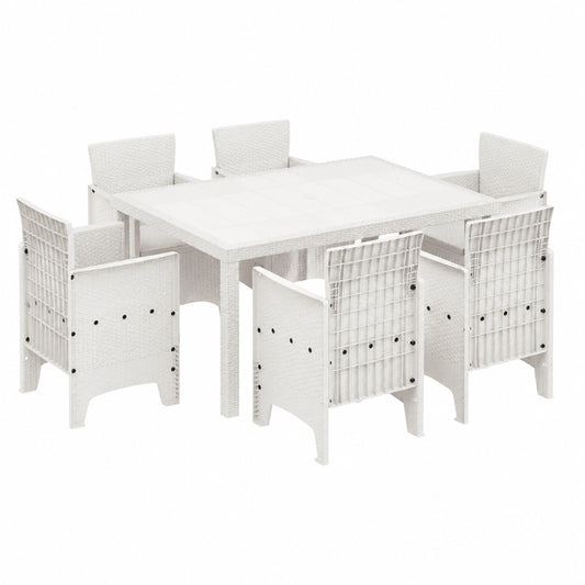 7-teilige Garten-Essgruppe aus weißem Polyrattan mit UV-Schutz, inklusive Rechtecktisch und 6 Stühlen, ideal für Terrasse und Balkon