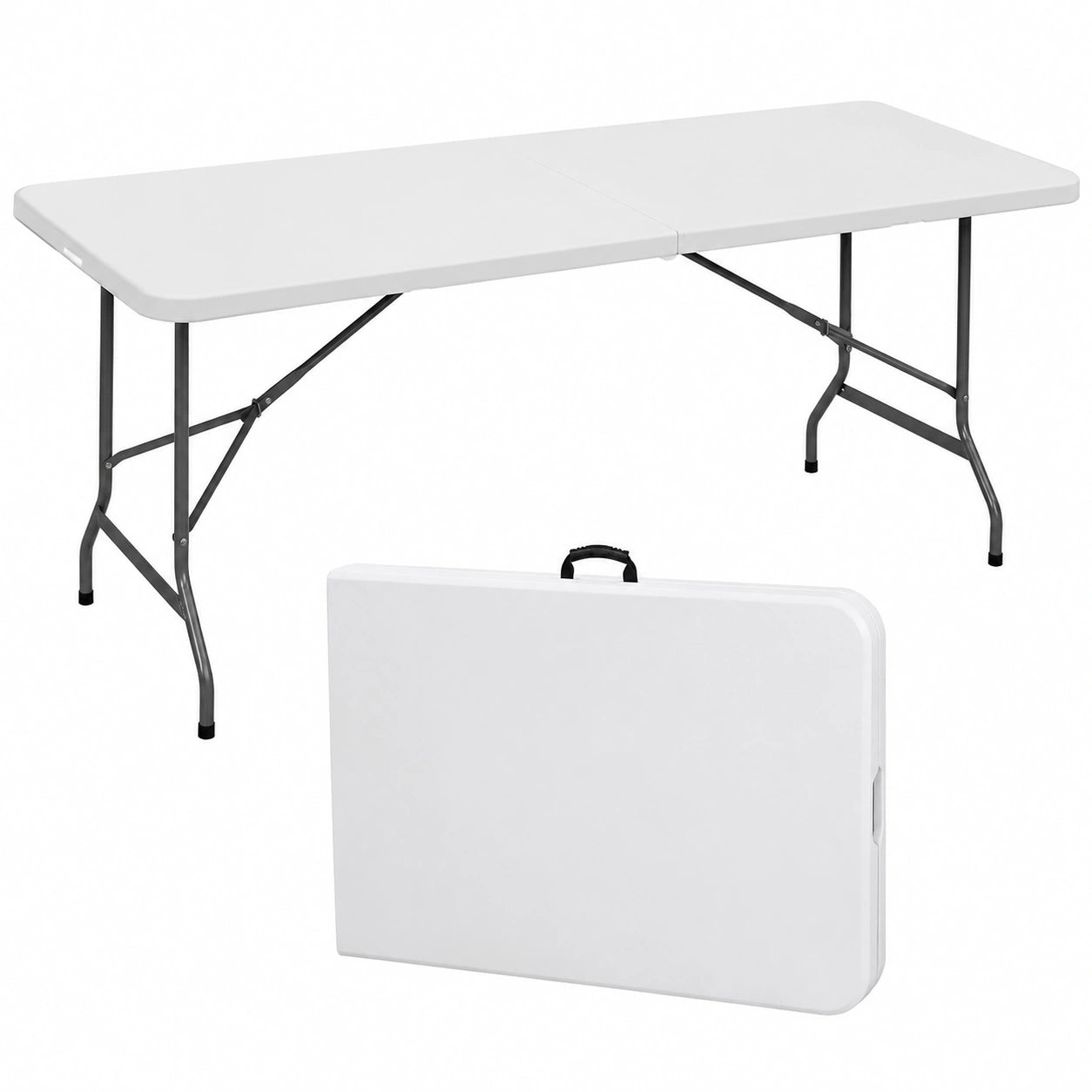Robuster 1,8 m Klapptisch aus Kunststoff für Innen- und Außenbereich mit Griff und Stahlbeinen, ideal für Camping und Partys, Weiß