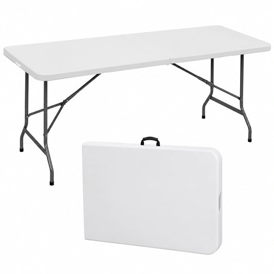 Robuster 1,8 m Klapptisch aus Kunststoff für Innen- und Außenbereich mit Griff und Stahlbeinen, ideal für Camping und Partys, Weiß