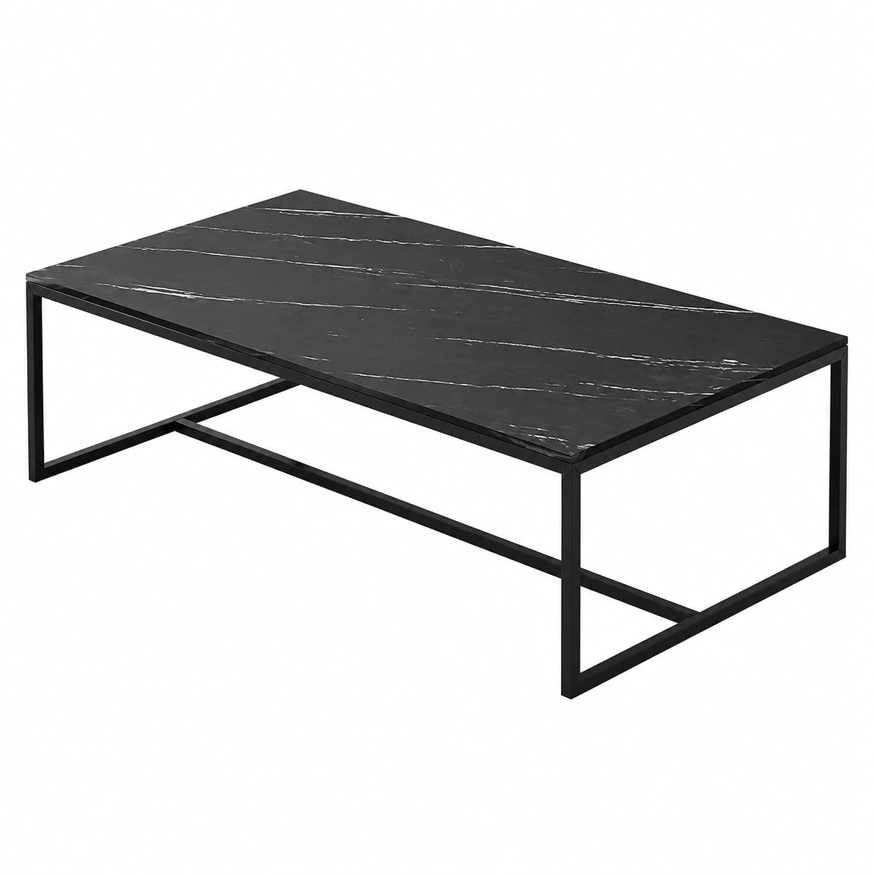 Moderner Couchtisch aus Kunstmarmor mit Metallgestell, Rechteckig, Schwarz, 120x60x42 cm