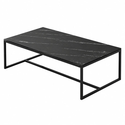 Moderner Couchtisch aus Kunstmarmor mit Metallgestell, Rechteckig, Schwarz, 120x60x42 cm