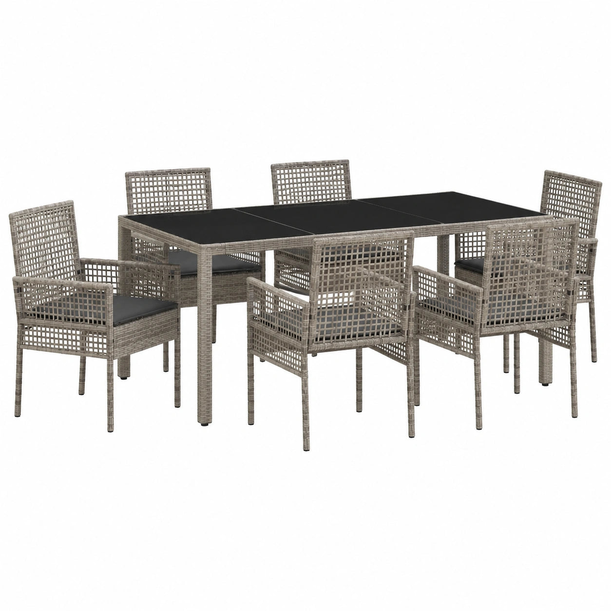 7-teilige Garten-Essgruppe aus Poly-Rattan mit Kissen, wetterfest, inkl. 6 Stühlen und Tisch mit Glasplatte