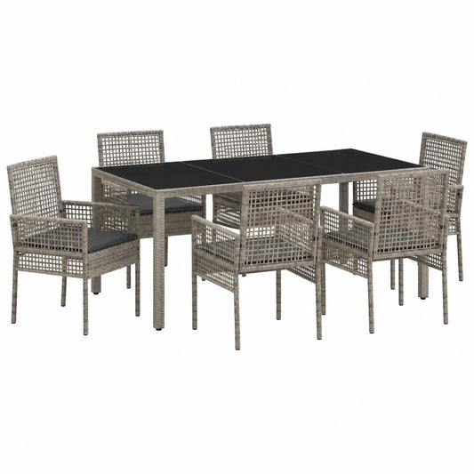 7-teilige Garten-Essgruppe aus Poly-Rattan mit Kissen, wetterfest, inkl. 6 Stühlen und Tisch mit Glasplatte